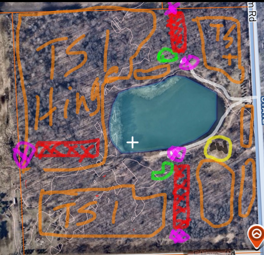 Aerial property diagram with food plot design — Michigan deer habitat planning